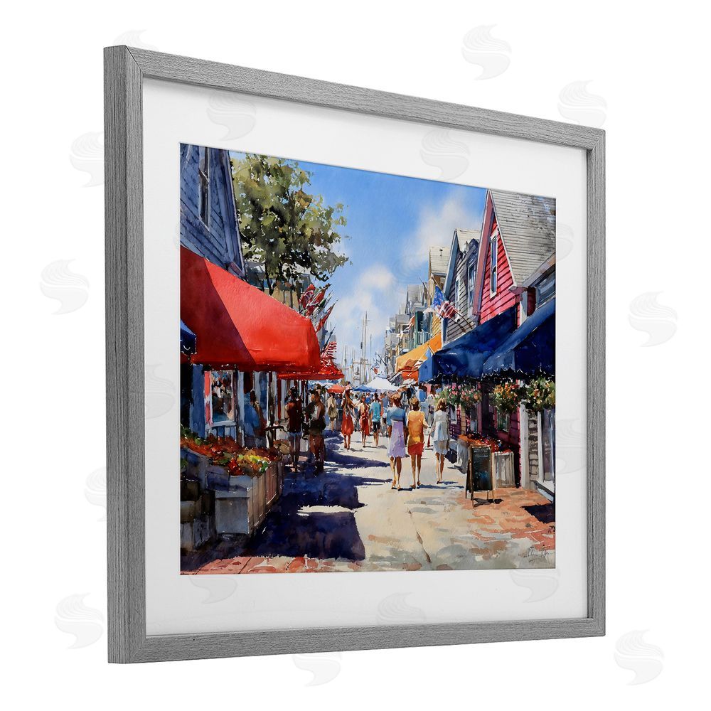 Franklyn Gregory American Coastal Town Stroll Gray Framed Print Under Glass with Matting Wall Art
