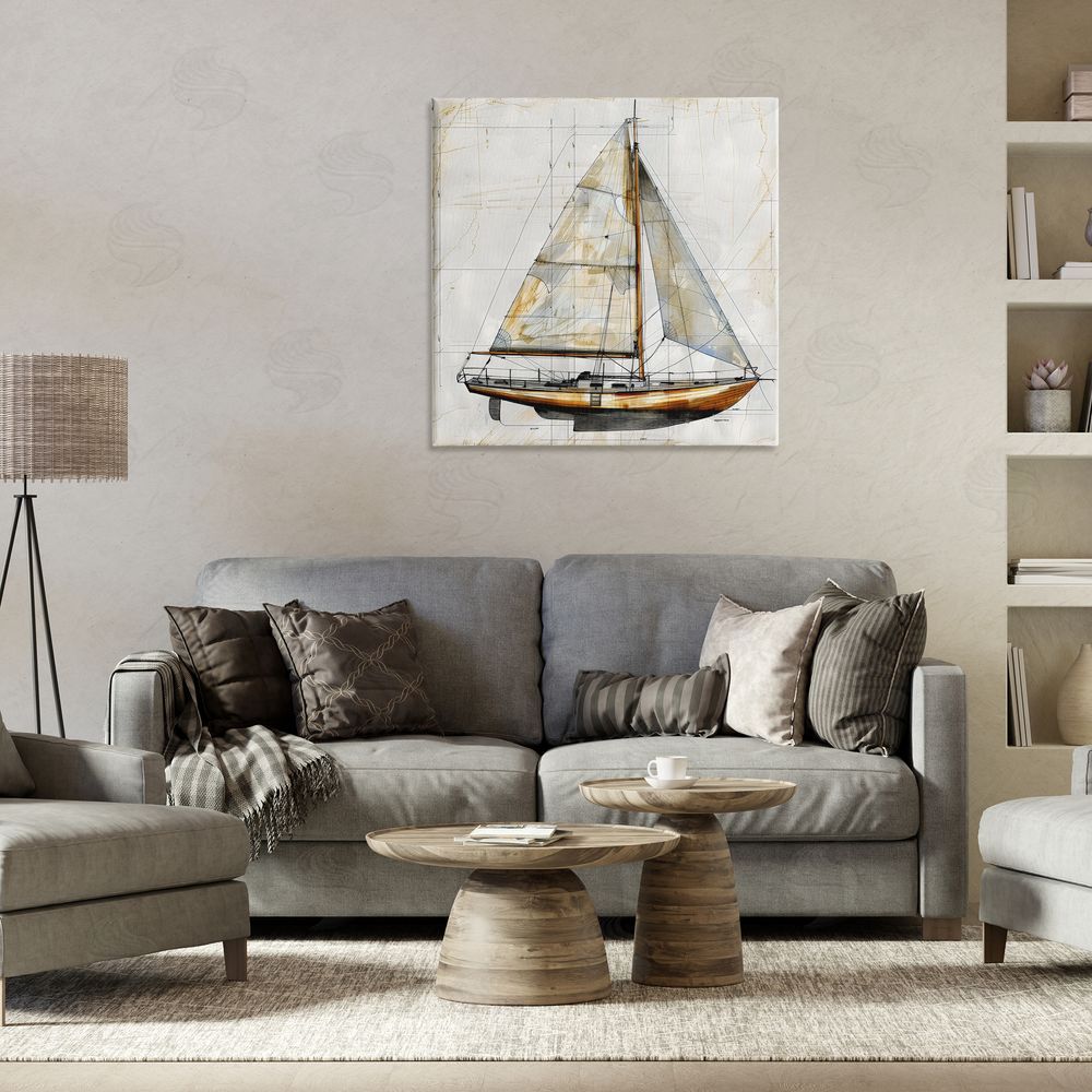 Creative Studio Vintage Sailboat Drawing Blueprint Stretched Canvas on Wall