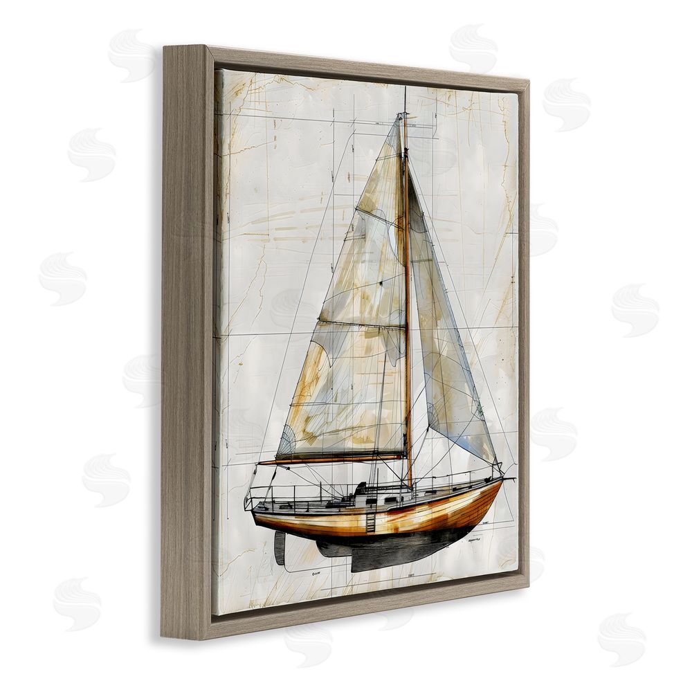 Creative Studio Vintage Sailboat Drawing Blueprint Brown Floating Framed Canvas Wall Art Print