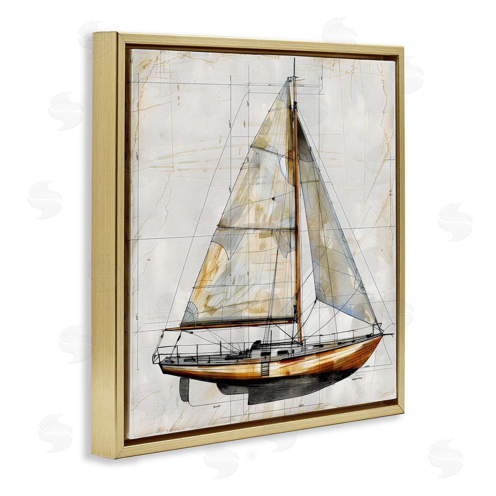 Creative Studio Vintage Sailboat Drawing Blueprint Gold Floating Framed Canvas Wall Art Print