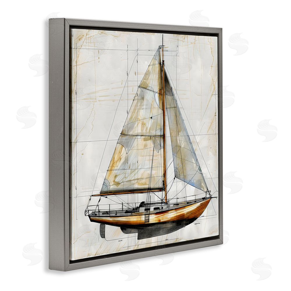 Creative Studio Vintage Sailboat Drawing Blueprint Gray Floating Framed Canvas Wall Art Print