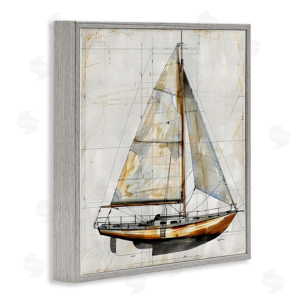 Creative Studio Vintage Sailboat Drawing Blueprint Gray Framed Giclee Wall Art Print