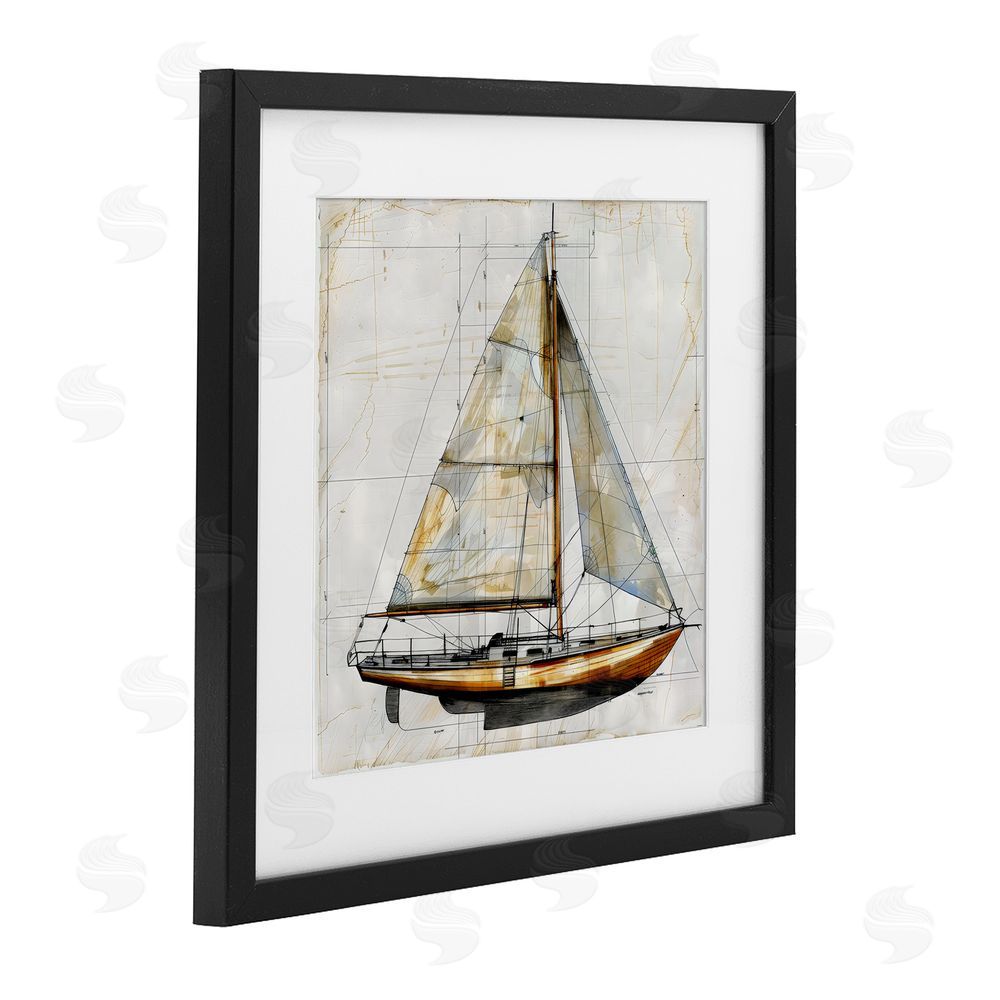 Creative Studio Vintage Sailboat Drawing Blueprint Black Framed Print Under Glass with White Mat Wall Art