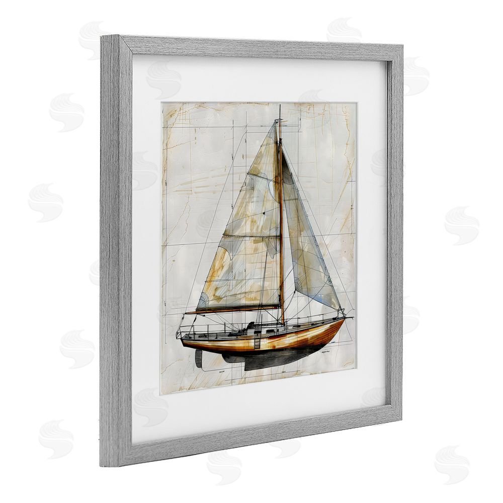 Creative Studio Vintage Sailboat Drawing Blueprint Gray Framed Print Under Glass with White Mat Wall Art
