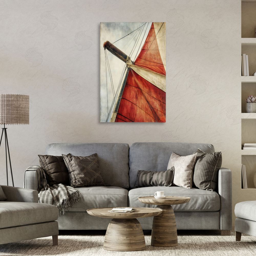 Creative Studio Red Sail at Sea Stretched Canvas Wall Art in Room