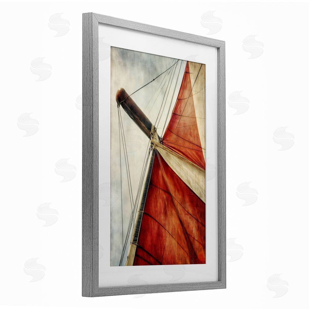 Creative Studio Red Sail at Sea Gray Framed Print Under Glass Wall Art