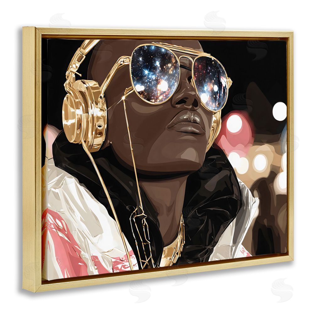 Franklyn Gregory Starry Eyed Shades with Headphones Gold Floating Framed Canvas Wall Art Print