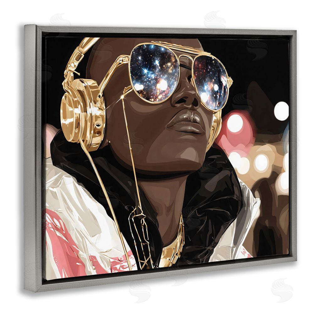 Franklyn Gregory Starry Eyed Shades with Headphones Gray Floating Framed Canvas Wall Art Print