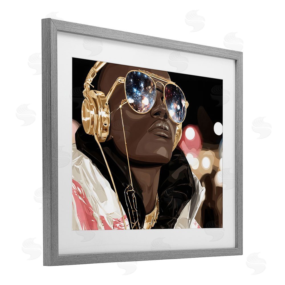 Franklyn Gregory Starry Eyed Shades with Headphones Gray Framed Print Under Glass with White Mat Wall Art