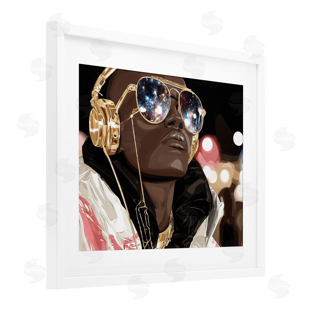 Franklyn Gregory Starry Eyed Shades with Headphones White Framed Print Under Glass with White Mat Wall Art