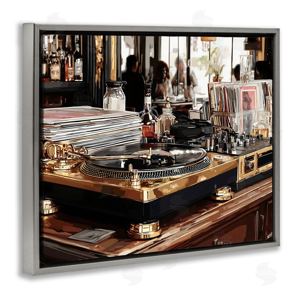 Franklyn Gregory Work Place Vintage Gold Turntable Gray Floating Framed Canvas Wall Art Print