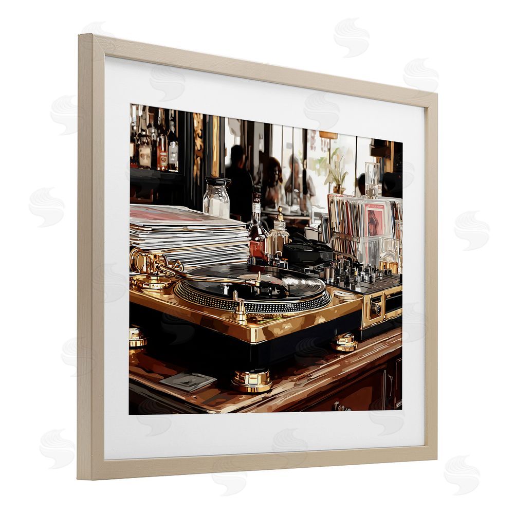 Franklyn Gregory Work Place Vintage Gold Turntable Brown Framed Print Under Glass with White Mat Wall Art