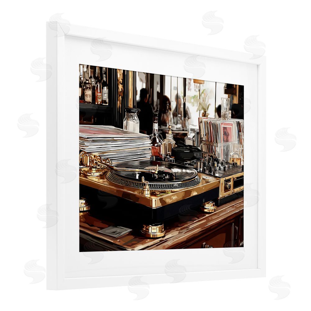 Franklyn Gregory Work Place Vintage Gold Turntable White Framed Print Under Glass with White Mat Wall Art