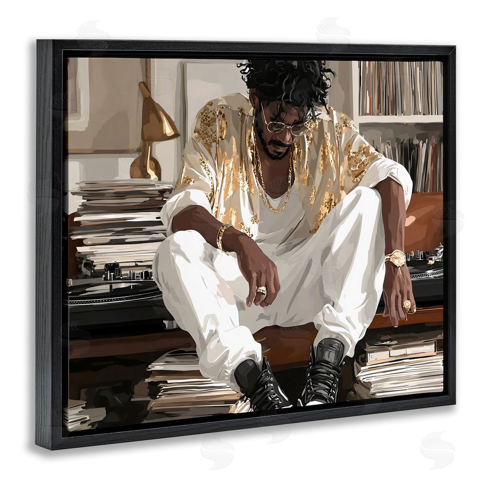 Franklyn Gregory DJ with Record Collection Black Floating Frame Canvas Wall Art Print