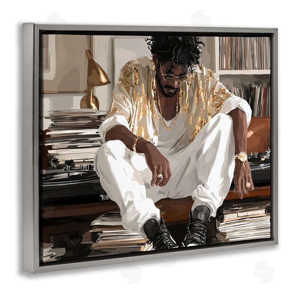Franklyn Gregory DJ with Record Collection Gray Floating Frame Canvas Wall Art Print