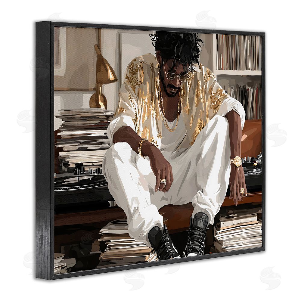 Franklyn Gregory DJ with Record Collection Black Framed Giclee Wall Art Print