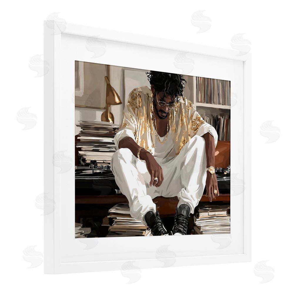 Franklyn Gregory DJ with Record Collection White Framed Print Under Glass Wall Art
