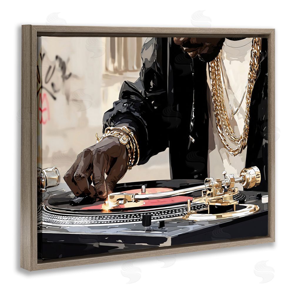 Franklyn Gregory Golden Touch on DJ's Turntable Brown Floating Framed Canvas Wall Art
