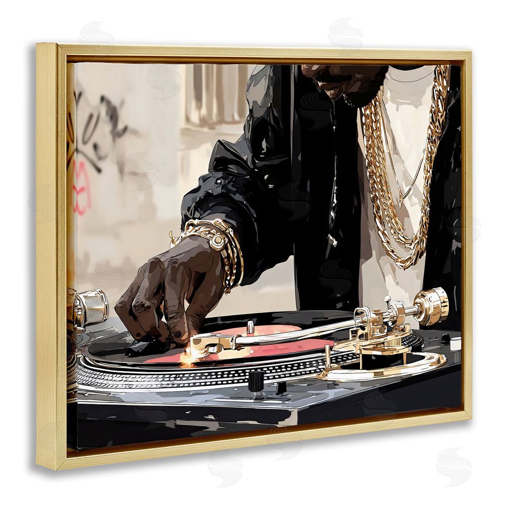 Franklyn Gregory Golden Touch on DJ's Turntable Gold Floating Framed Canvas Wall Art