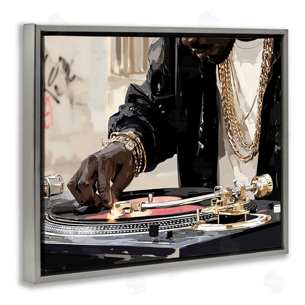 Franklyn Gregory Golden Touch on DJ's Turntable Gray Floating Framed Canvas Wall Art
