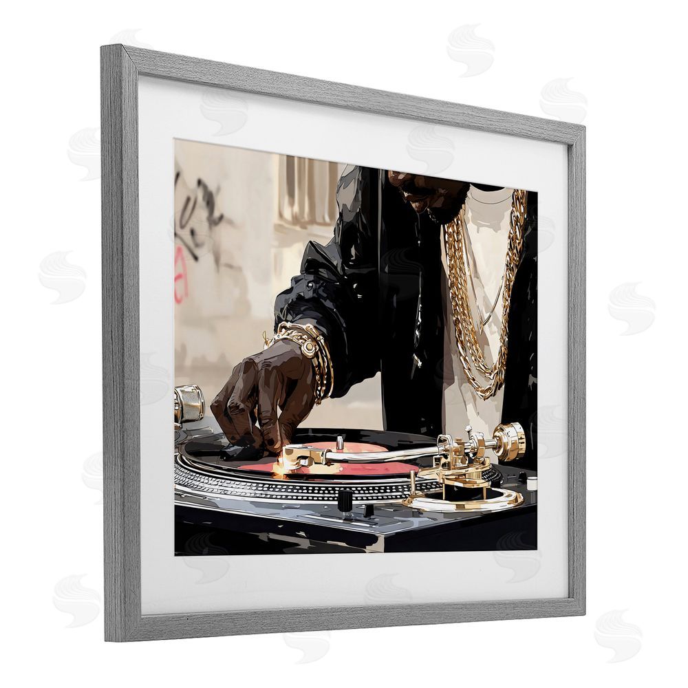 Franklyn Gregory Golden Touch on DJ's Turntable Gray Framed Print Under Glass Wall Art