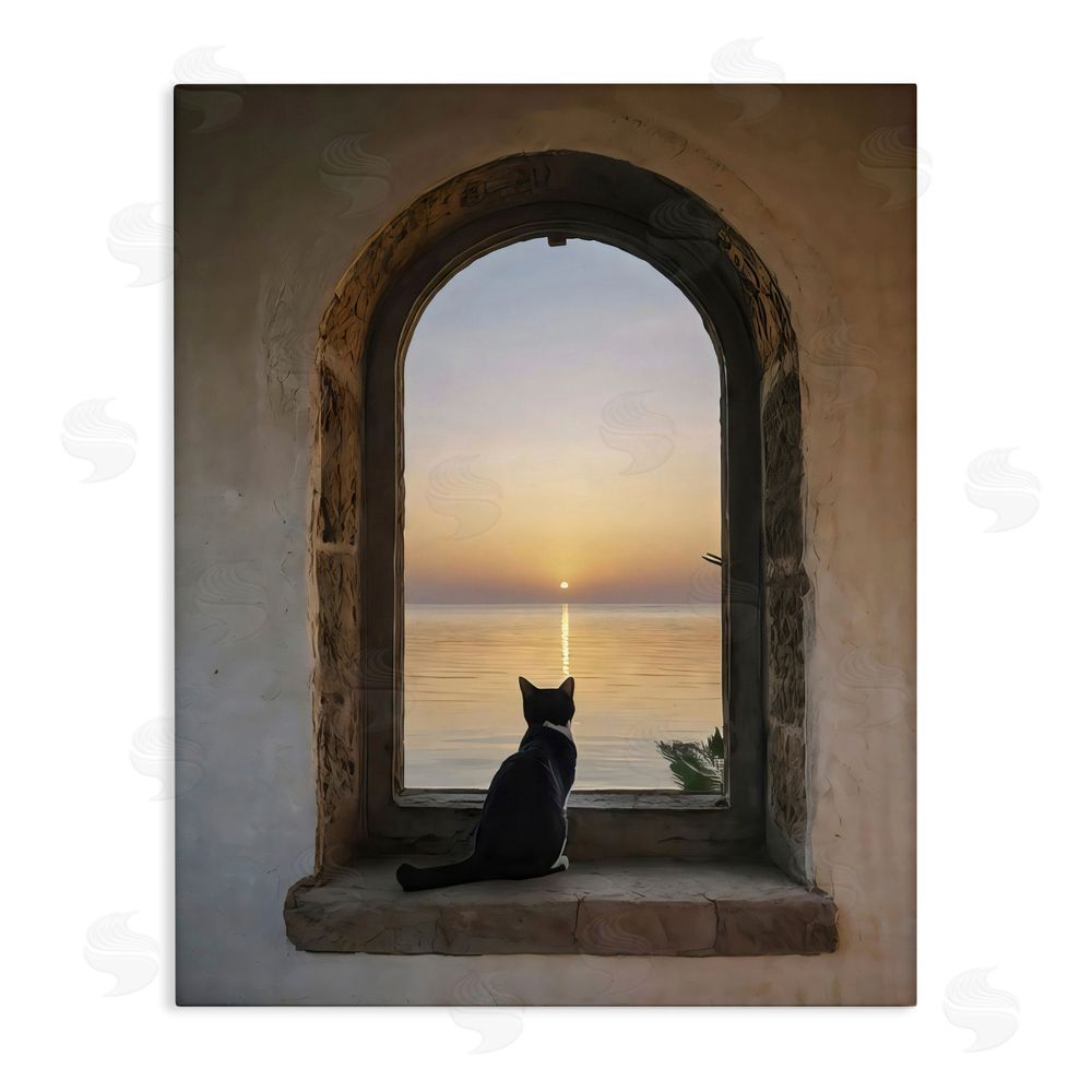 Creative Studio Cat Overlooking Water at Sunset Stretched Canvas Wall Art Print