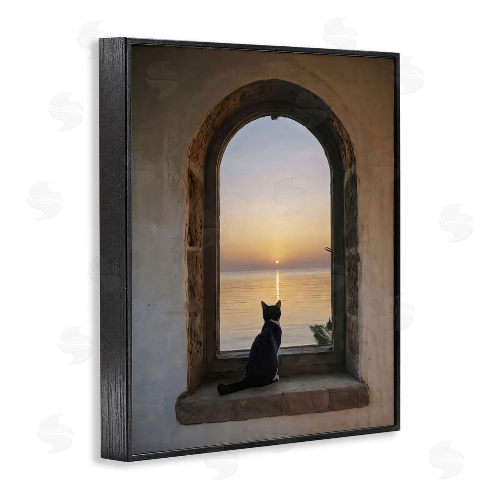 Creative Studio Cat Overlooking Water at Sunset Black Framed Giclee Wall Art Print