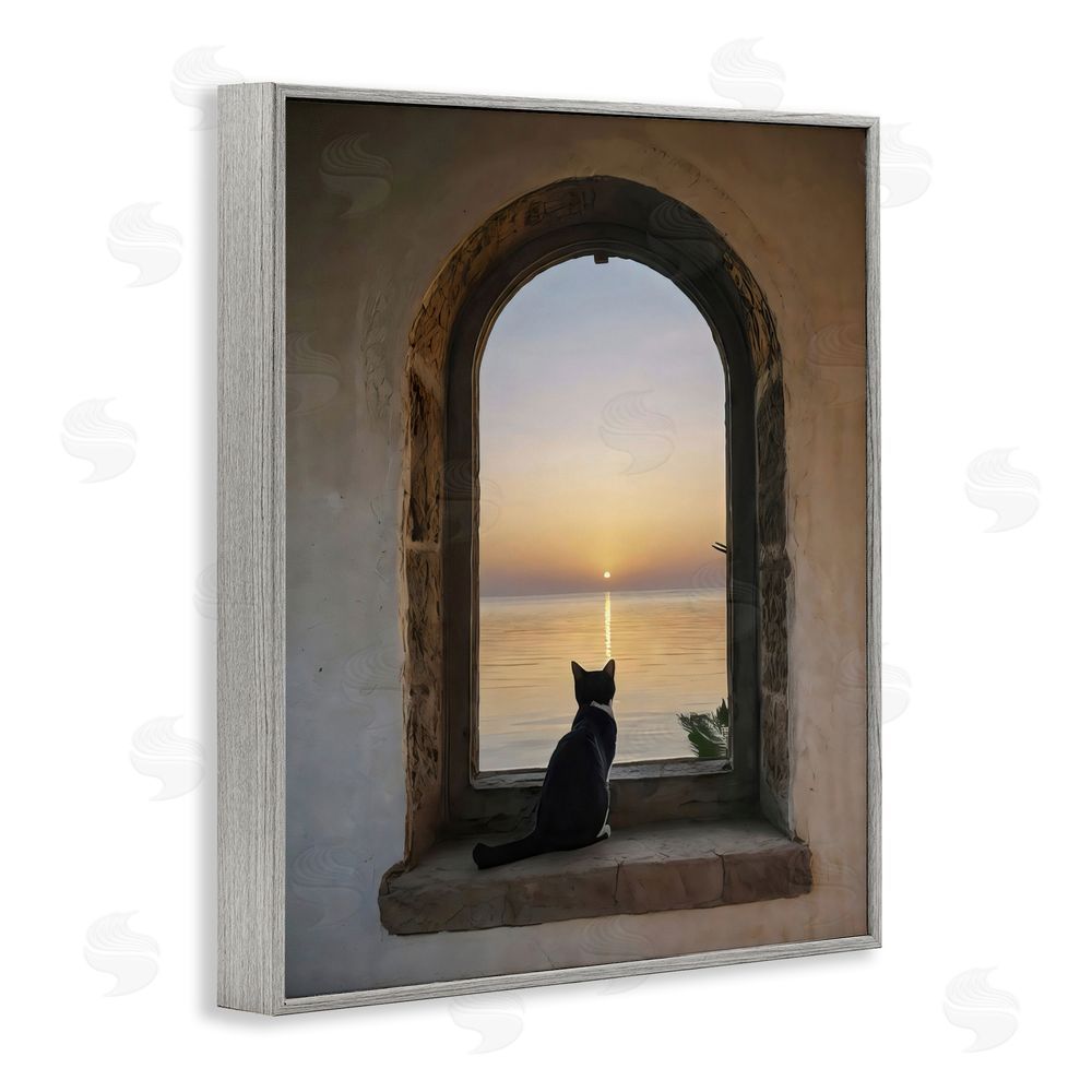 Creative Studio Cat Overlooking Water at Sunset Gray Framed Giclee Wall Art Print
