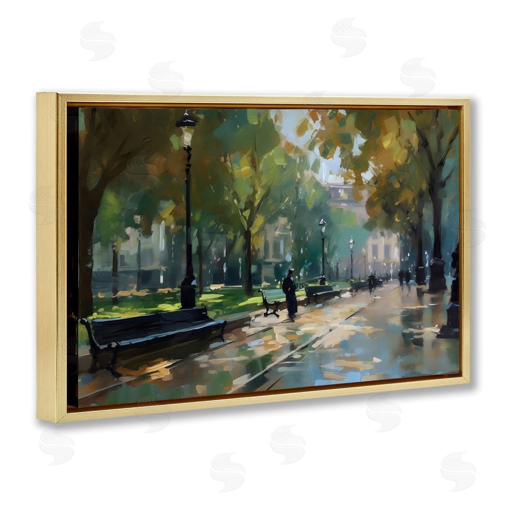 Creative Studio Park Promenade on Rainy Day Gold Floating Framed Canvas Wall Art