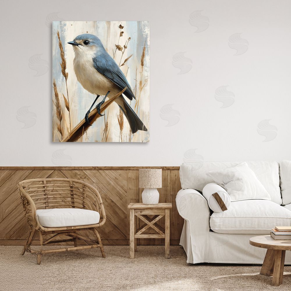 Creative Studio Bluebird on Tall Glass Perch Stretched Canvas Wall Art Print in Room