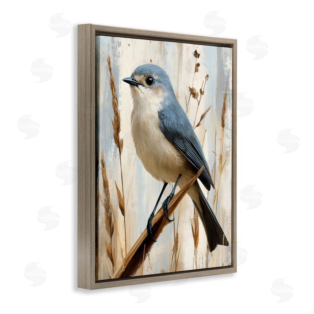 Creative Studio Bluebird on Tall Glass Perch Brown Floating Frame Stretched Canvas Wall Art Print