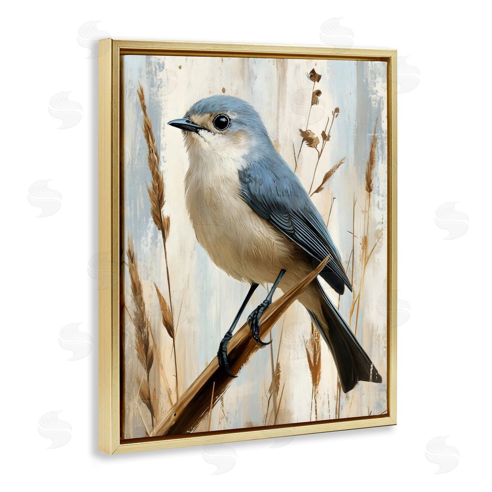 Creative Studio Bluebird on Tall Glass Perch Gold Floating Frame Stretched Canvas Wall Art Print