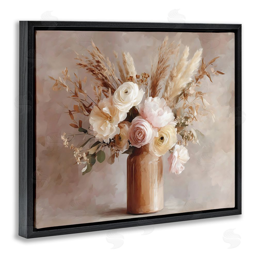 Franklyn Gregory Elegant Wheat Bouquet in Vase Black Floating Framed Canvas Wall Art