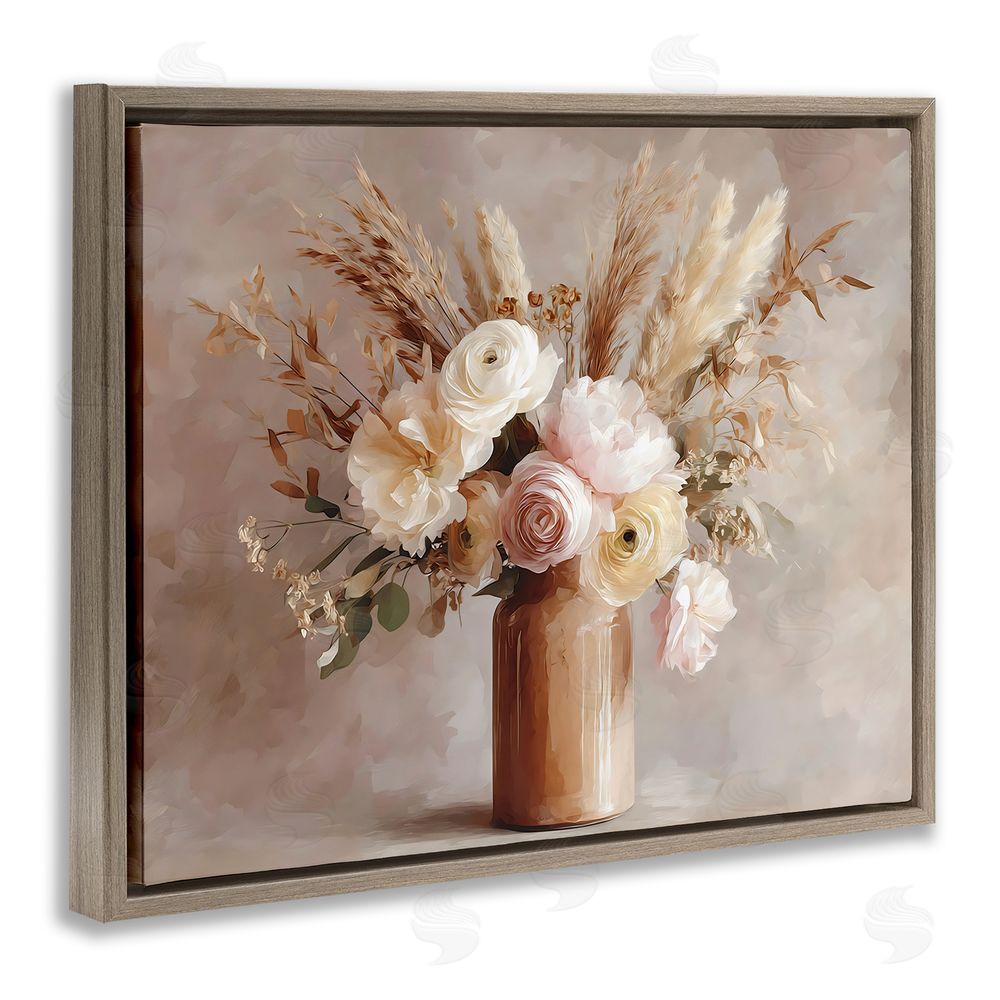 Franklyn Gregory Elegant Wheat Bouquet in Vase Brown Floating Framed Canvas Wall Art