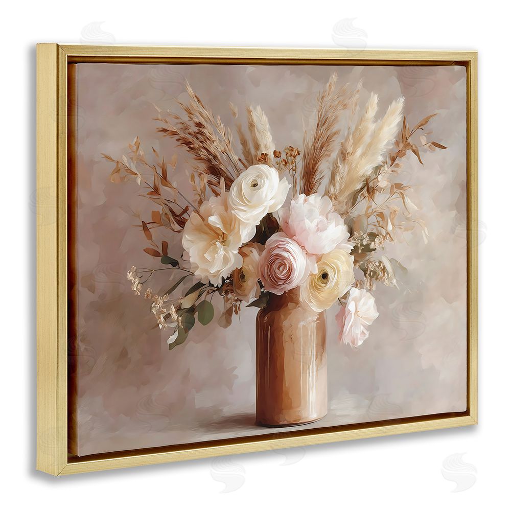 Franklyn Gregory Elegant Wheat Bouquet in Vase Gold Floating Framed Canvas Wall Art
