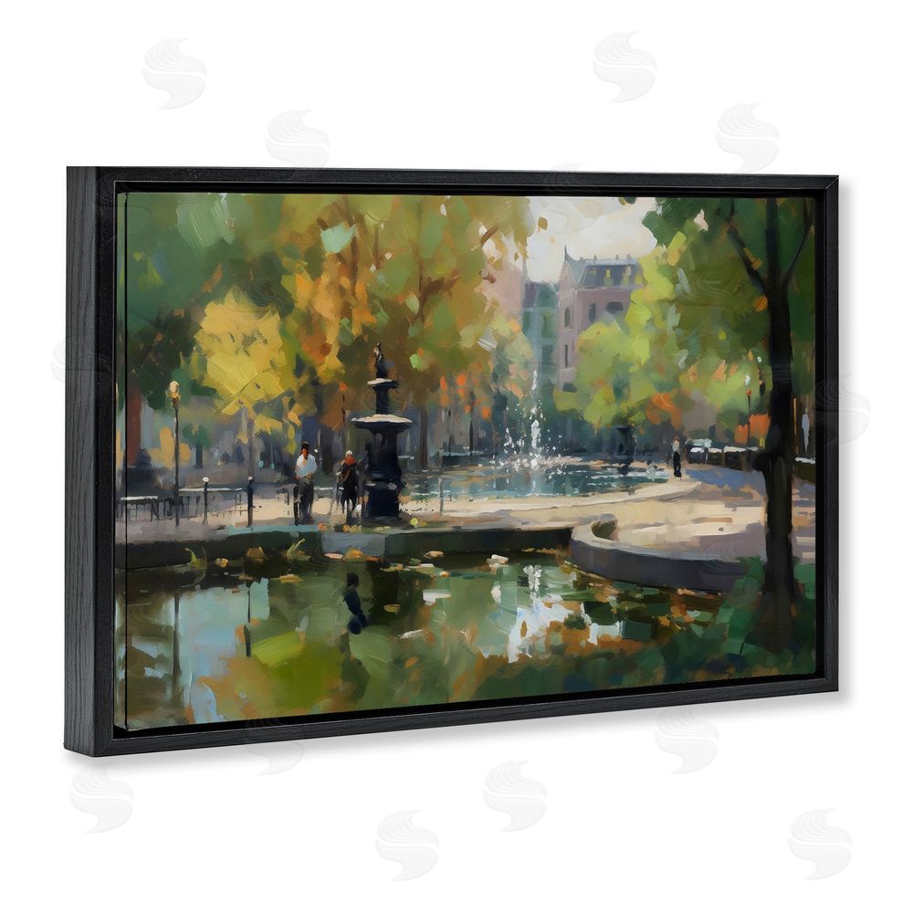 Creative Studio Autumn Reflections at Park Fountain Black Floating Frame Stretched Canvas Wall Art Print