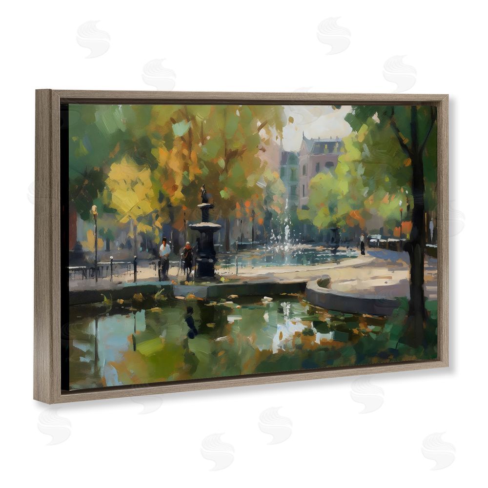 Creative Studio Autumn Reflections at Park Fountain Brown Floating Frame Stretched Canvas Wall Art Print