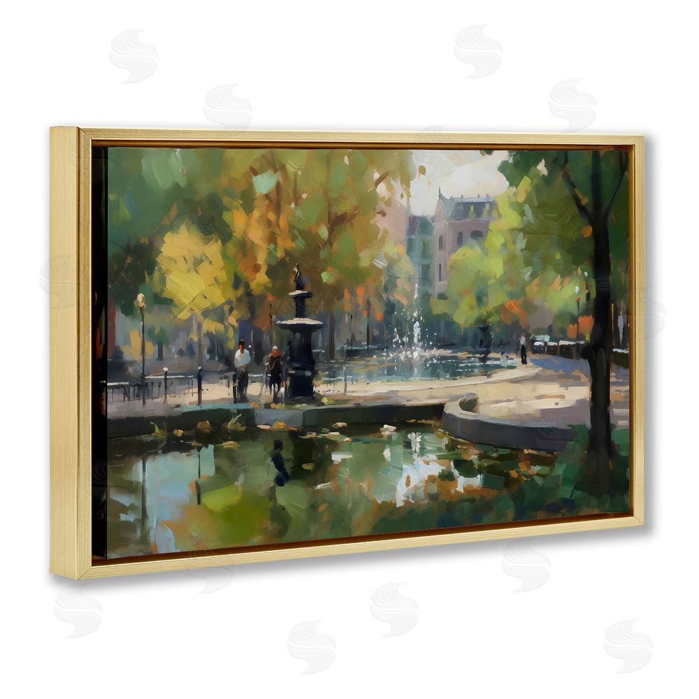 Creative Studio Autumn Reflections at Park Fountain Gold Floating Frame Stretched Canvas Wall Art Print
