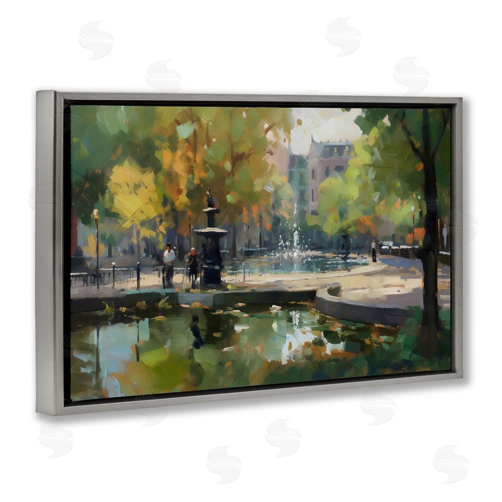 Creative Studio Autumn Reflections at Park Fountain Gray Floating Frame Stretched Canvas Wall Art Print