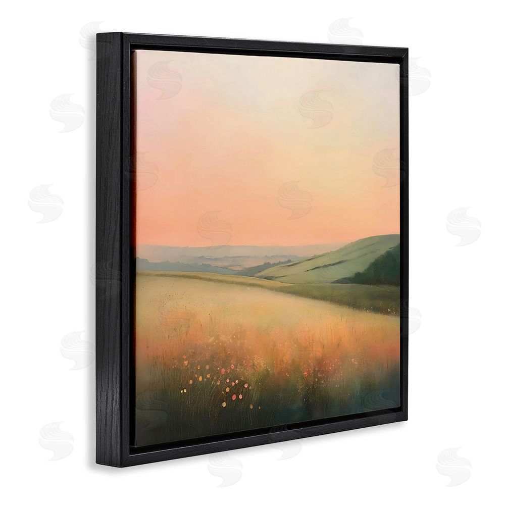 Creative Studio Sun Coming Up Over Meadow Black Floating Framed Canvas Wall Art Print