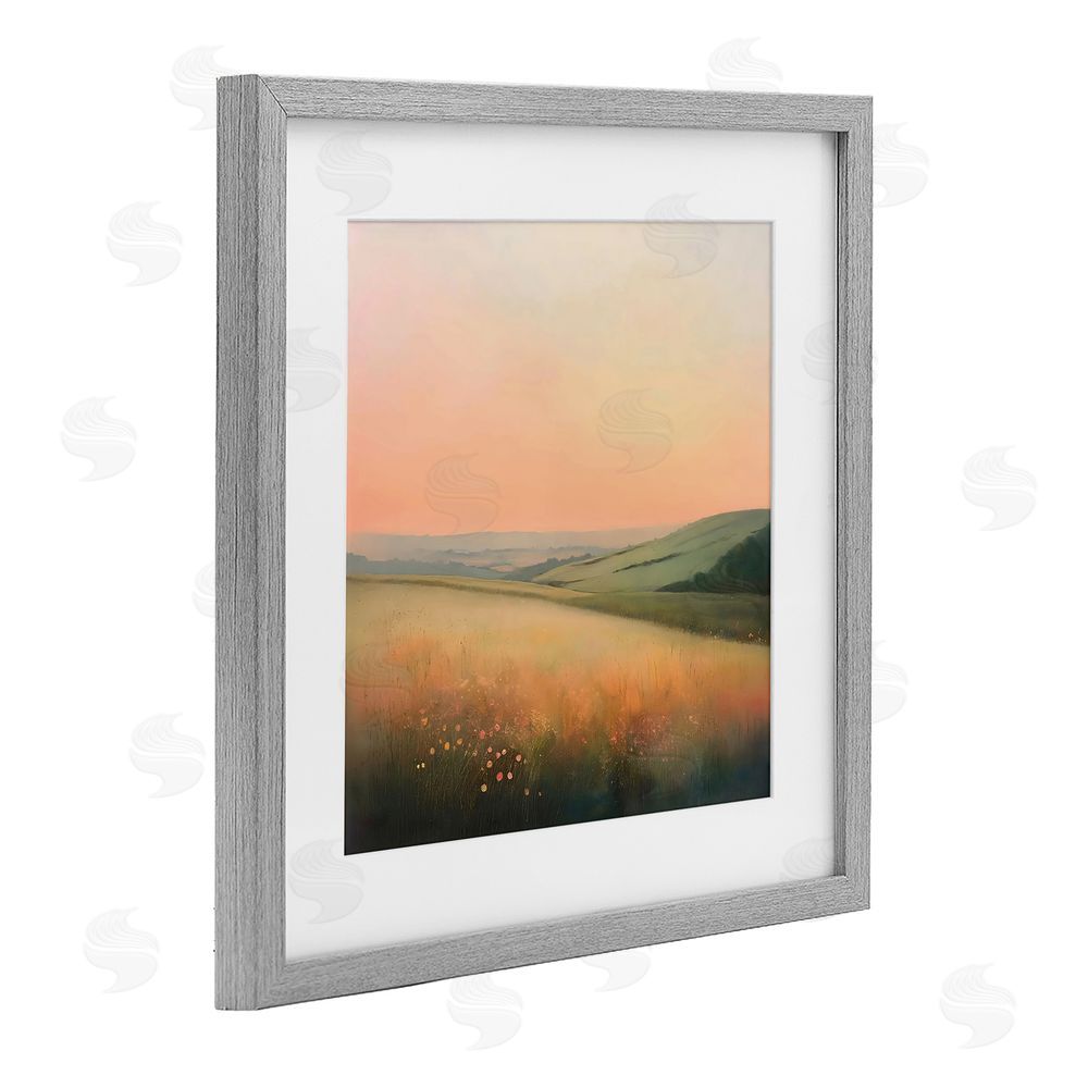 Creative Studio Sun Coming Up Over Meadow Gray Framed Print Under Glass with White Mat Wall Art