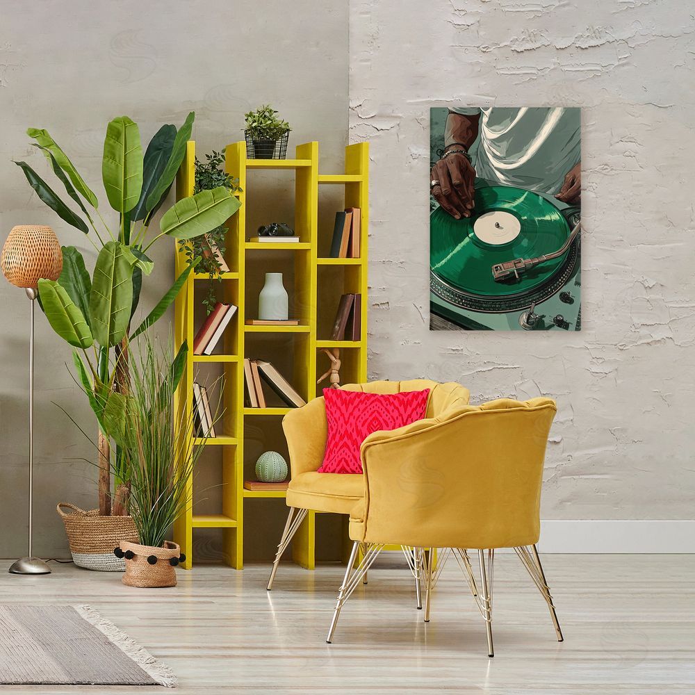 Franklyn Gregory DJ Spinning Green Record Stretched Canvas Wall Art in Room