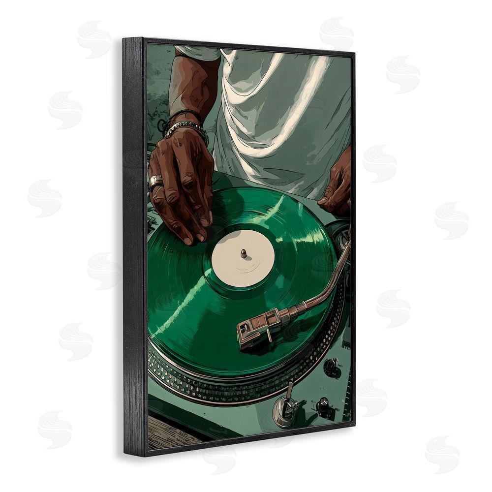 Franklyn Gregory DJ Spinning Green Record Black Framed Giclee Wall Art Print