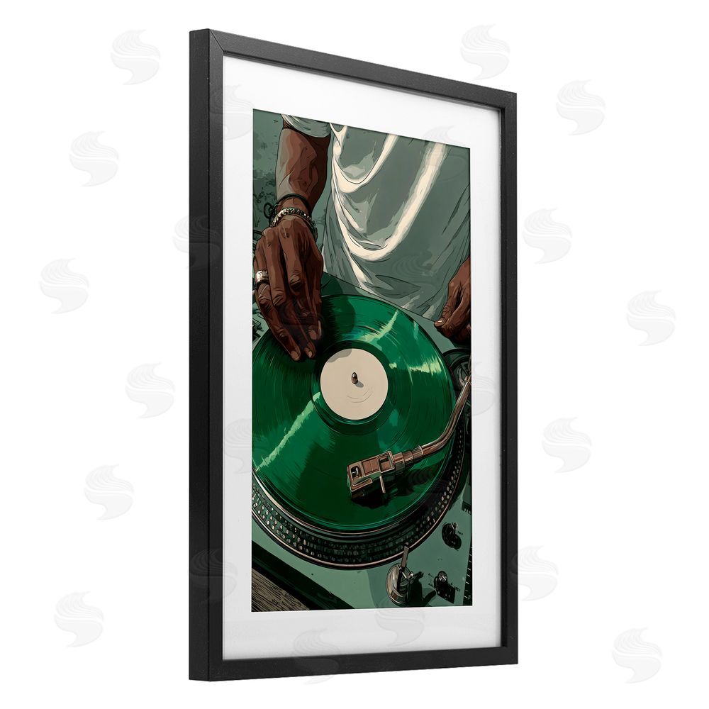 Franklyn Gregory DJ Spinning Green Record Black Framed Print Under Glass Wall Art