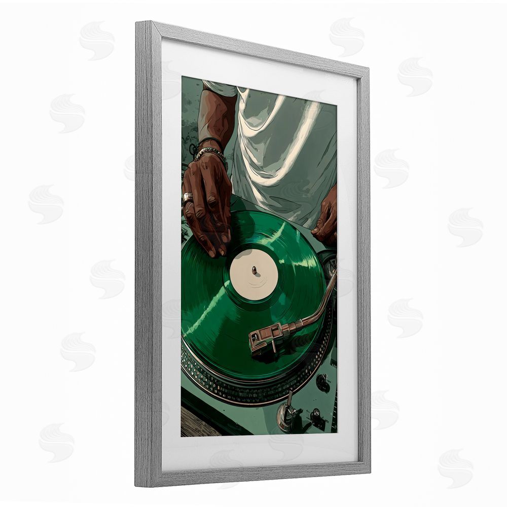 Franklyn Gregory DJ Spinning Green Record Gray Framed Print Under Glass Wall Art