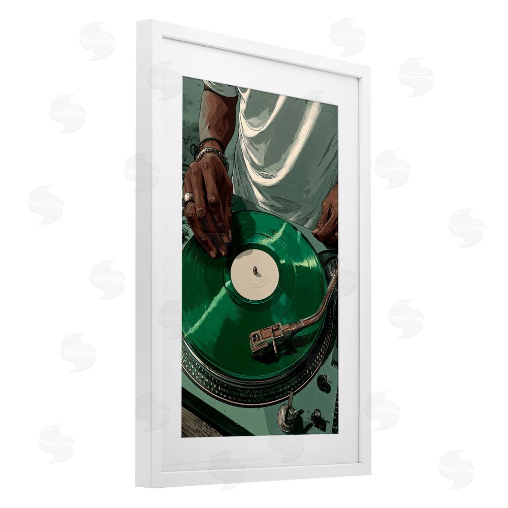 Franklyn Gregory DJ Spinning Green Record White Framed Print Under Glass Wall Art