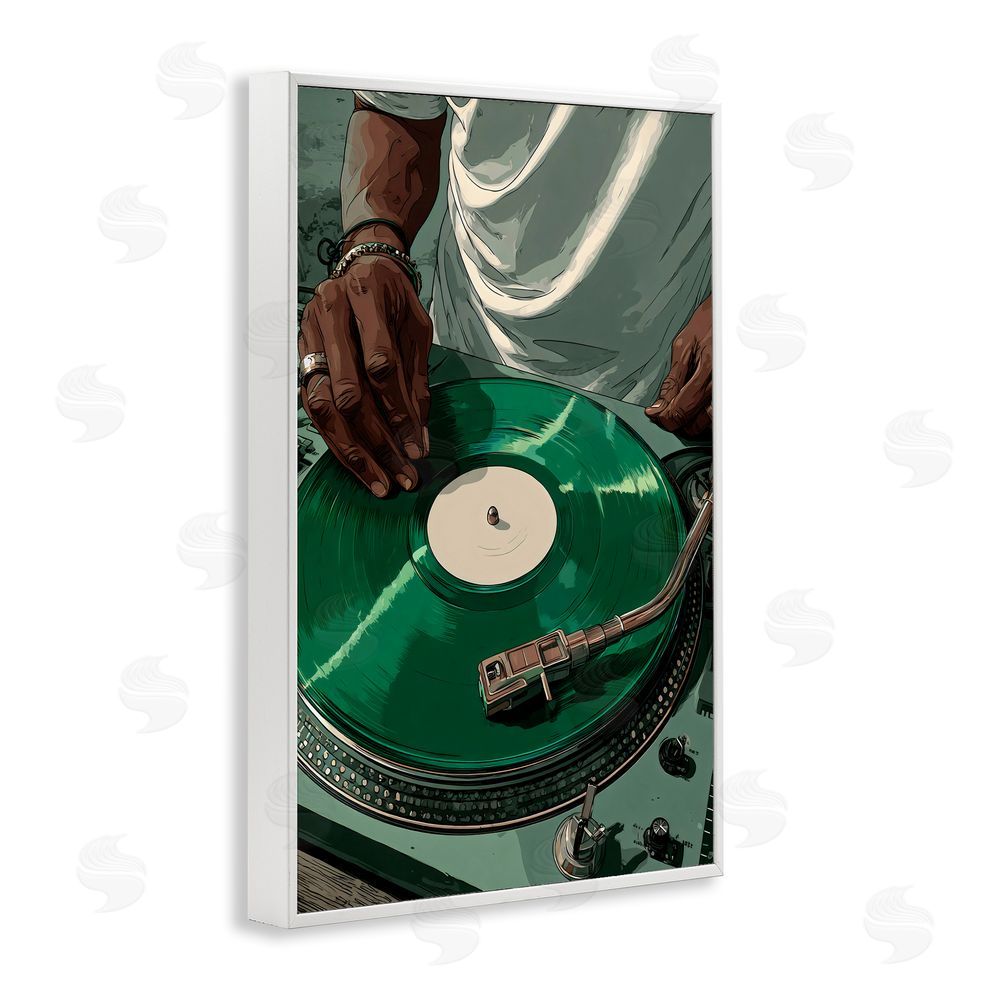 Franklyn Gregory DJ Spinning Green Record White Framed Giclee Wall Art Print