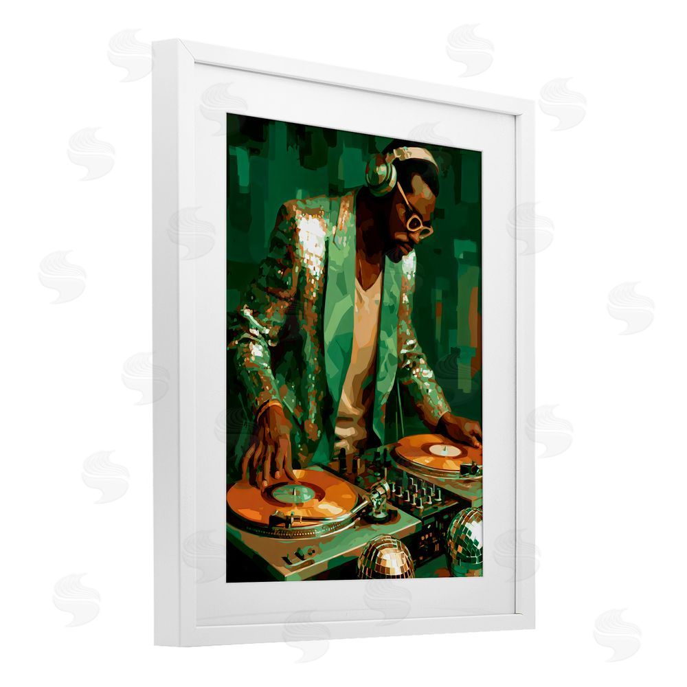 Franklyn Gregory Green Disco DJ Music White Framed Print Under Glass Wall Art