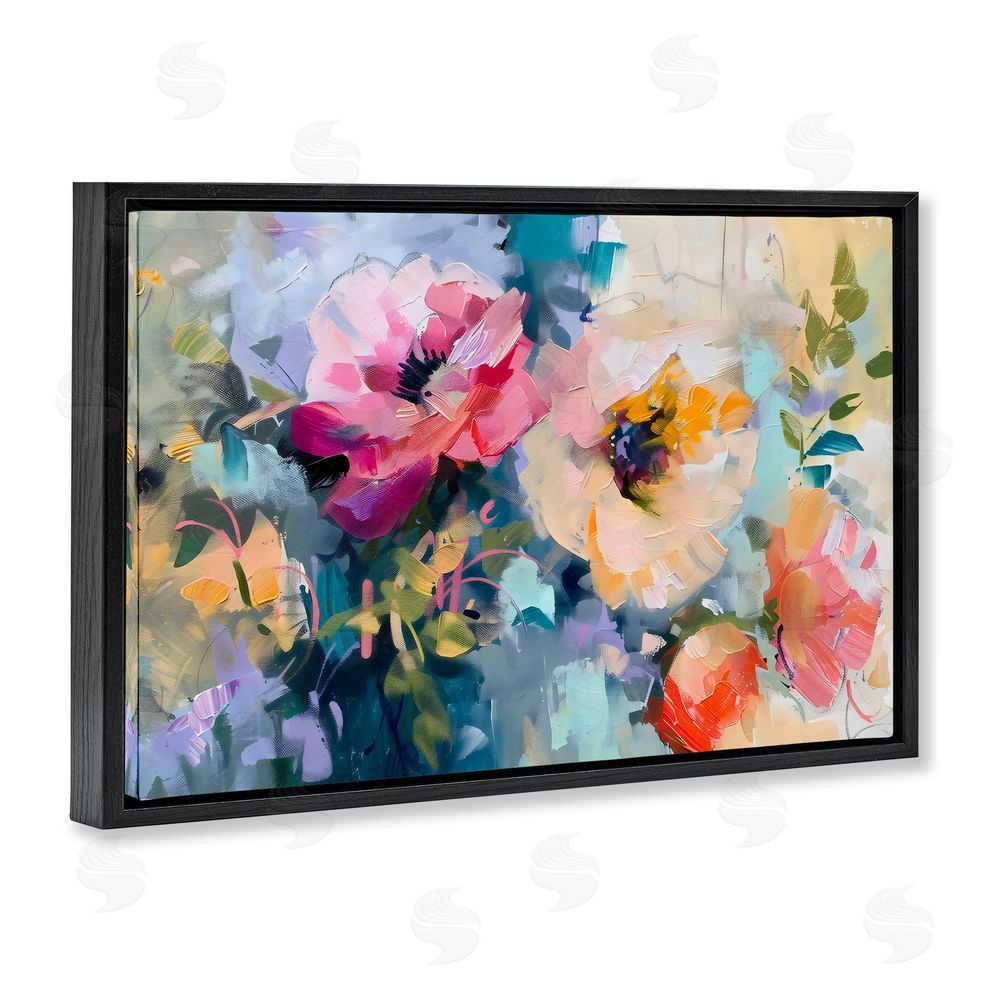 Creative Studio Vibrant Florals Brushed Abstract Black Floating Framed Canvas Wall Art Print
