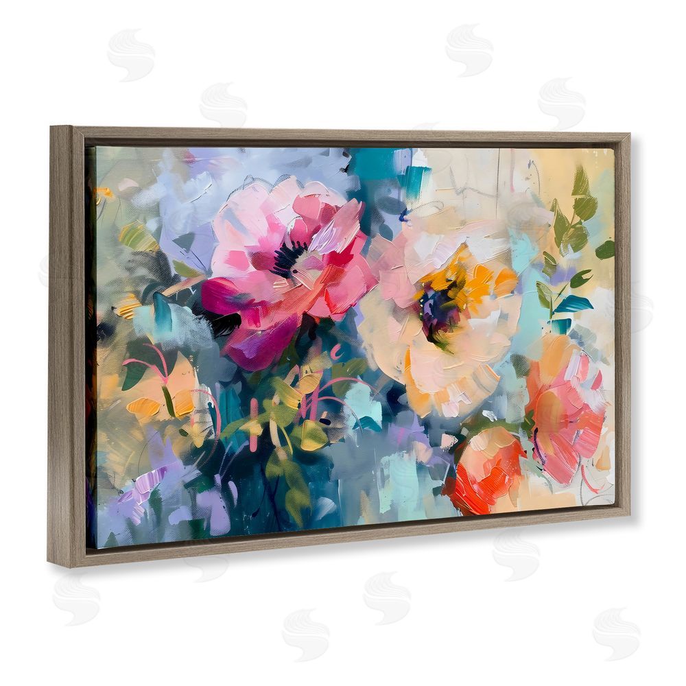 Creative Studio Vibrant Florals Brushed Abstract Brown Floating Framed Canvas Wall Art Print